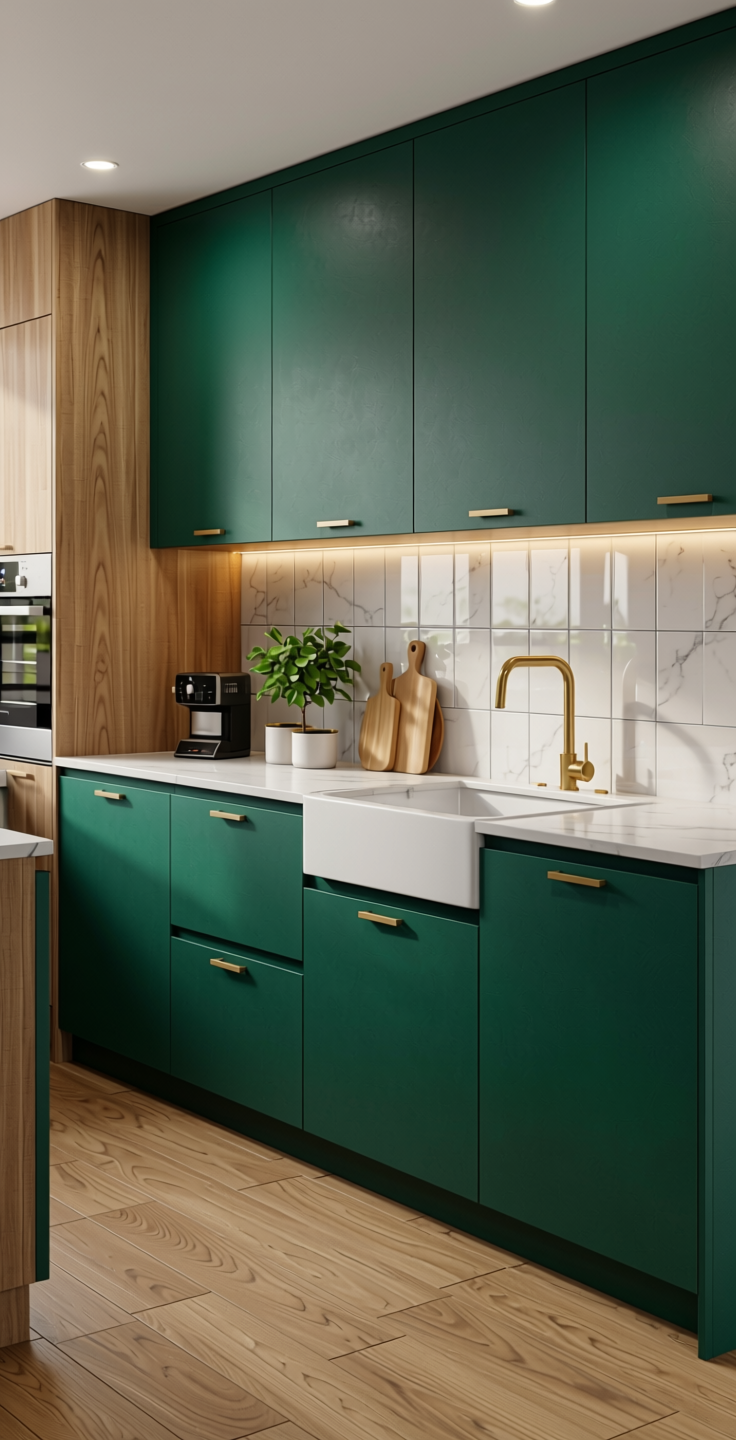 Green Plain Laminate 8x4 ft Suede 1 mm - 21103 Jolly — application view in a fresh kitchen