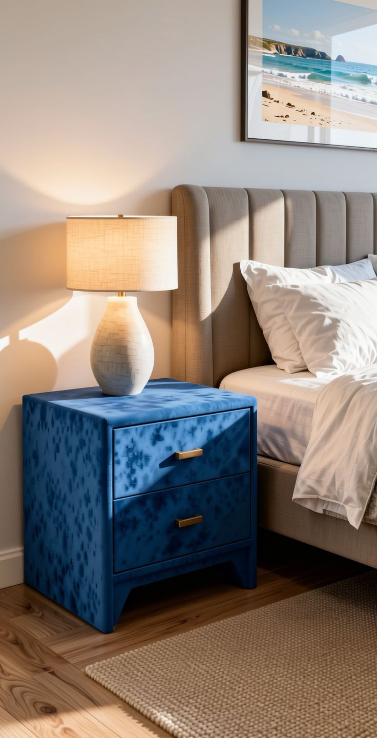 Blue Plain Laminate 8x4 ft Suede 1 mm - 21122 Kingfisher — application view in a coastal bedroom