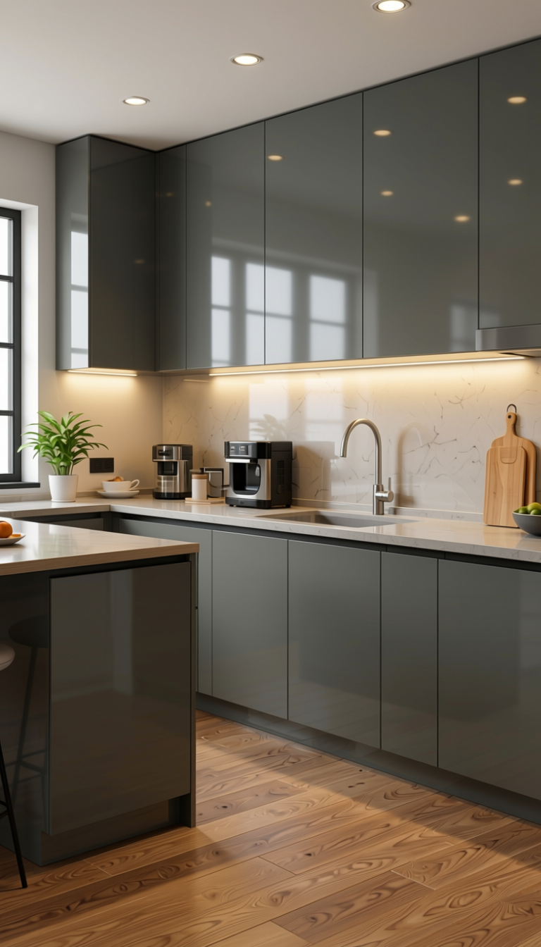Lead Grey Plain Laminate 8x4 ft High Gloss 0.8 mm - 21419 SGL — application view in a sleek kitchen