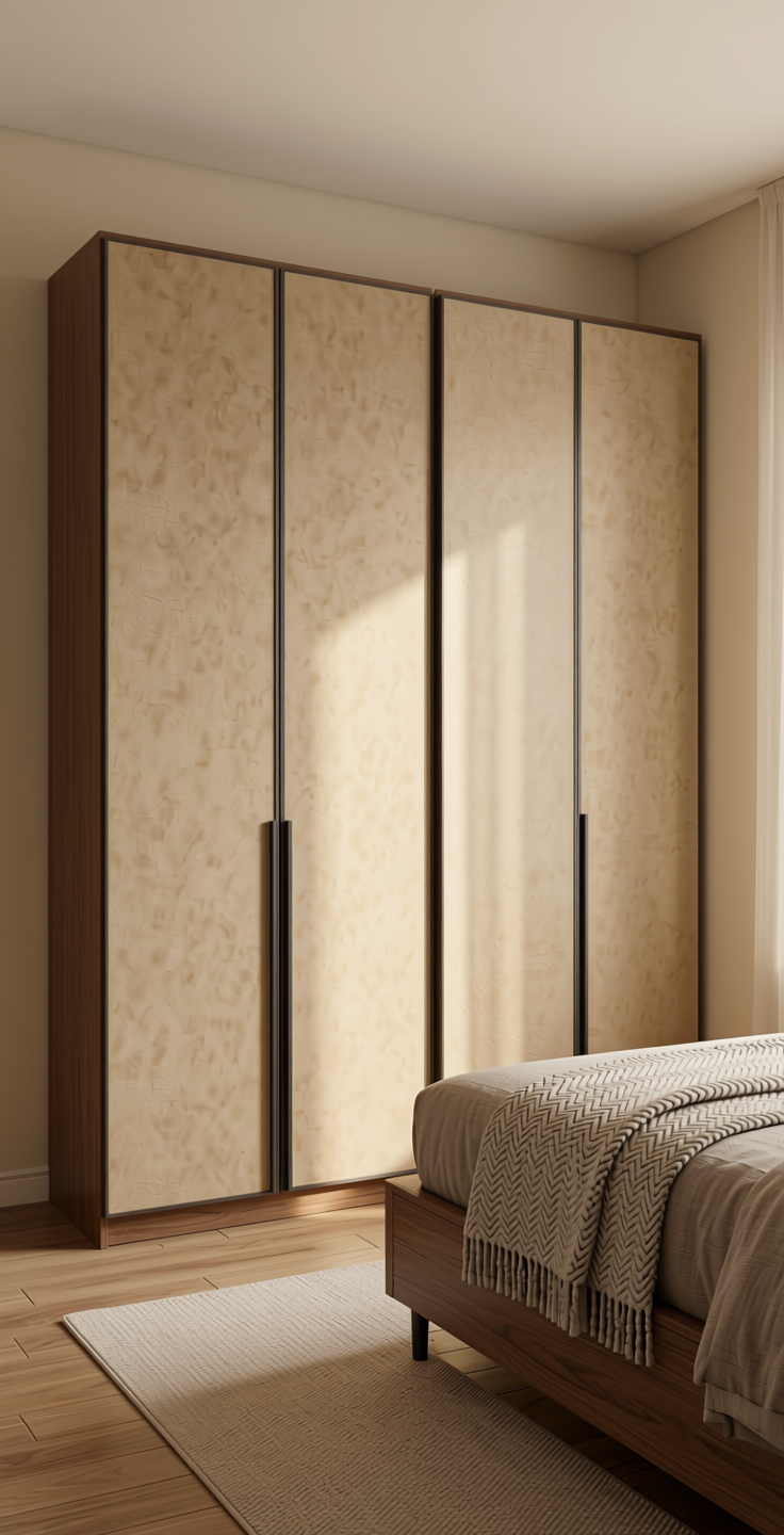 Beige Plain Laminate 8x4 ft Suede 1 mm - 21054 Light — application view in a neutral bedroom