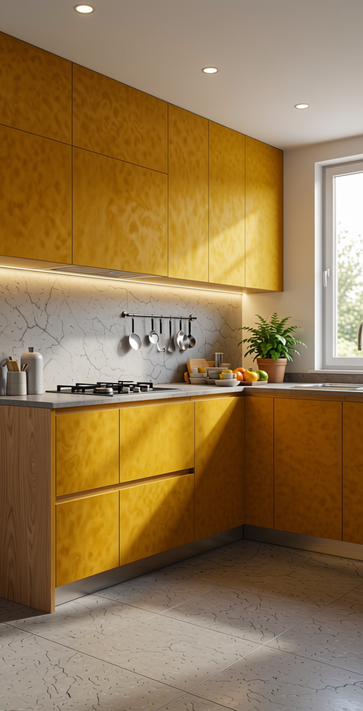 Plain Laminate 8x4 ft Suede 1 mm - 21057 Marigold — application view in a contemporary kitchen