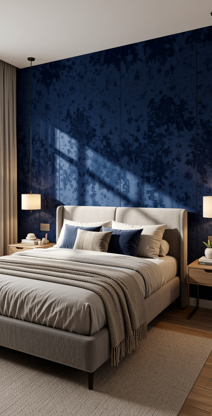 Blue Plain Laminate 8x4 ft Suede 1 mm - 21022 Midnight — application view in a master bedroom