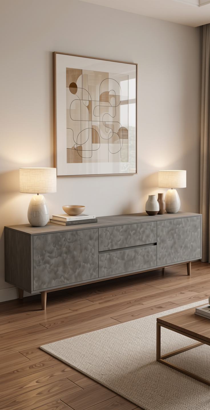 Grey Plain Laminate 8x4 ft Suede 1 mm - 21039 Misty — application view in a neutral living room