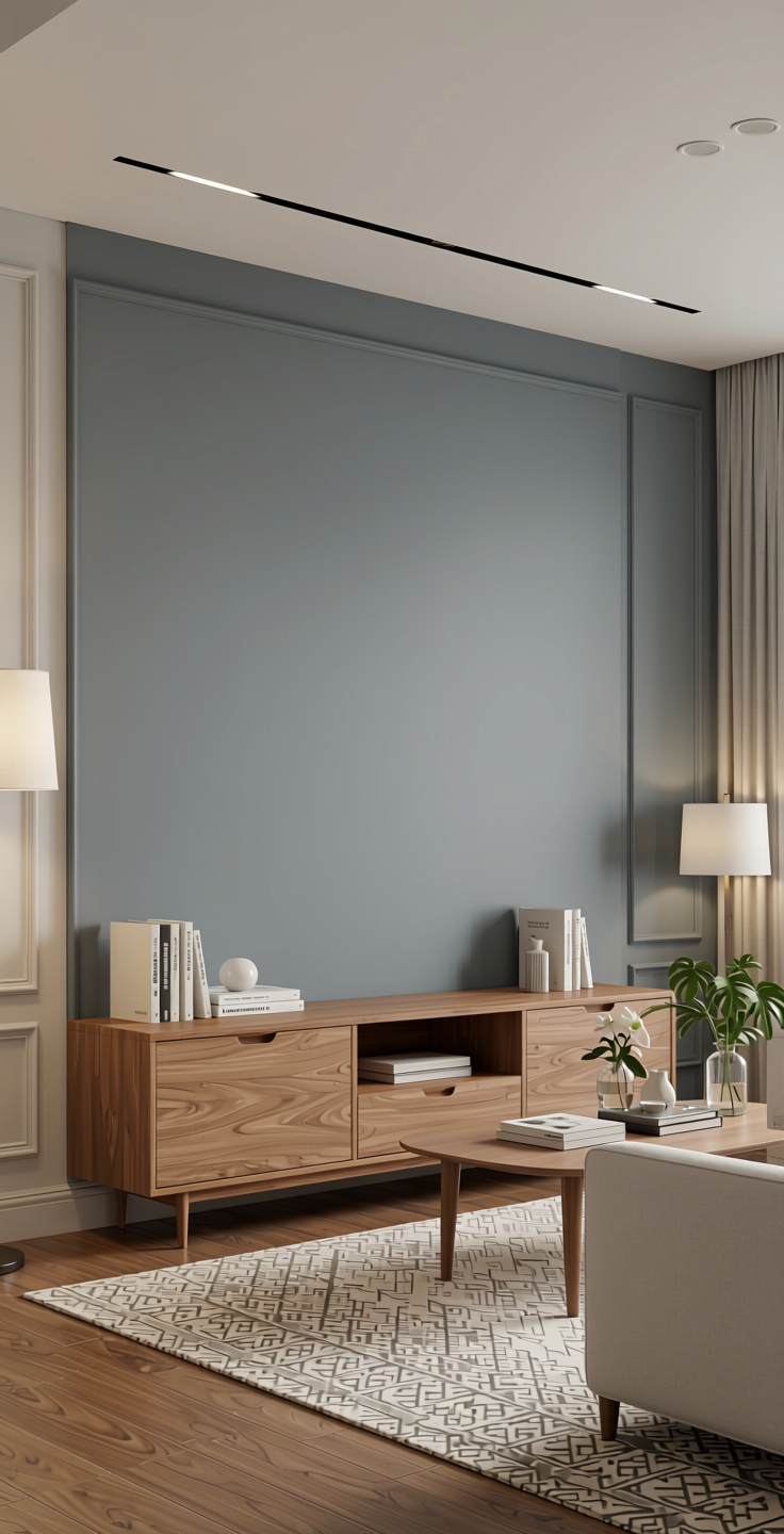 Misty Grey Plain Laminate 8x4 ft Texture 1 mm - 21039 NL — application view in a calm living room