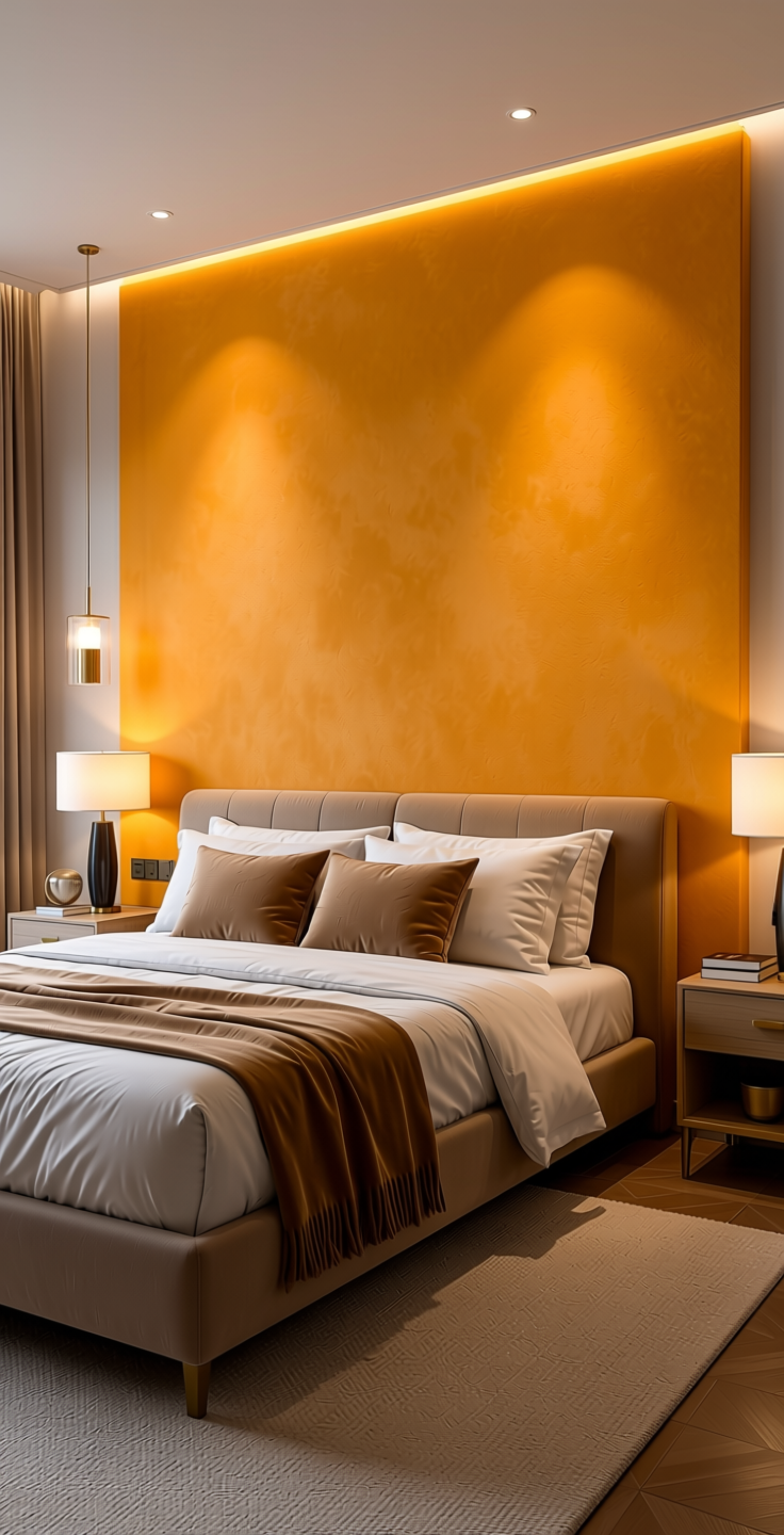 Glow Plain Laminate 8x4 ft Suede 1 mm - 22067 Morning — application view in a luxurious bedroom