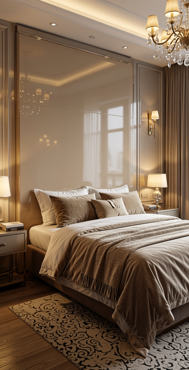 MR+ Champagne Plain Laminate 8x4 ft High Gloss 1 mm - 21187 UNI — application view in a glamorous bedroom