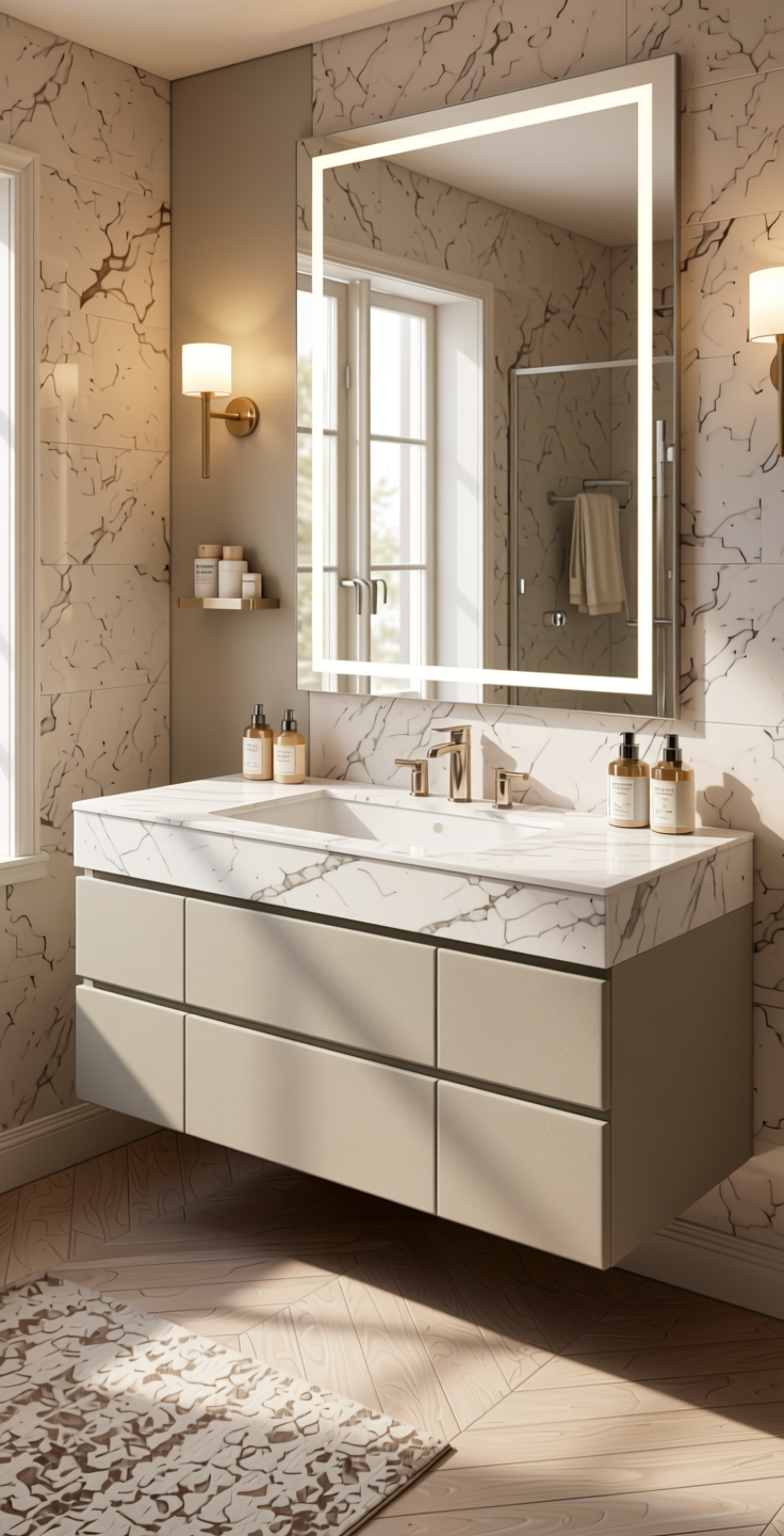 Plain Laminate 8x4 ft Suede 1 mm - 21007 Oyster — application view in a elegant bathroom