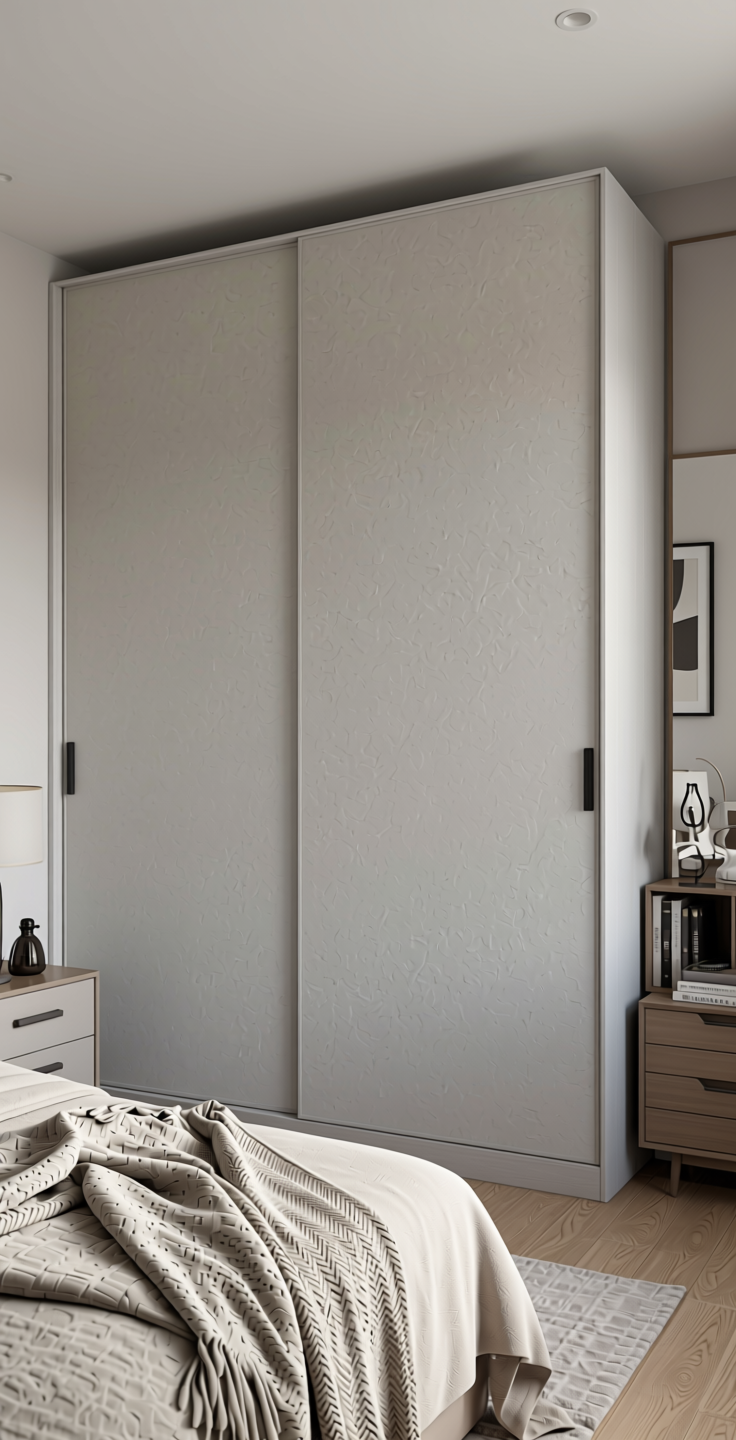 Grey Plain Laminate 8x4 ft Suede 1 mm - 22169 Pale — application view in a neutral bedroom