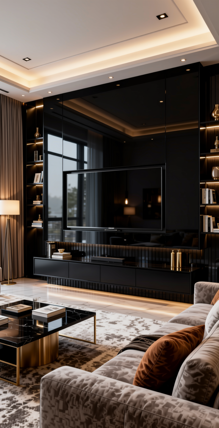 Pearl Black Plain Laminate 8x4 ft High Gloss 1 mm - 22109 HG — application view in a luxury living room