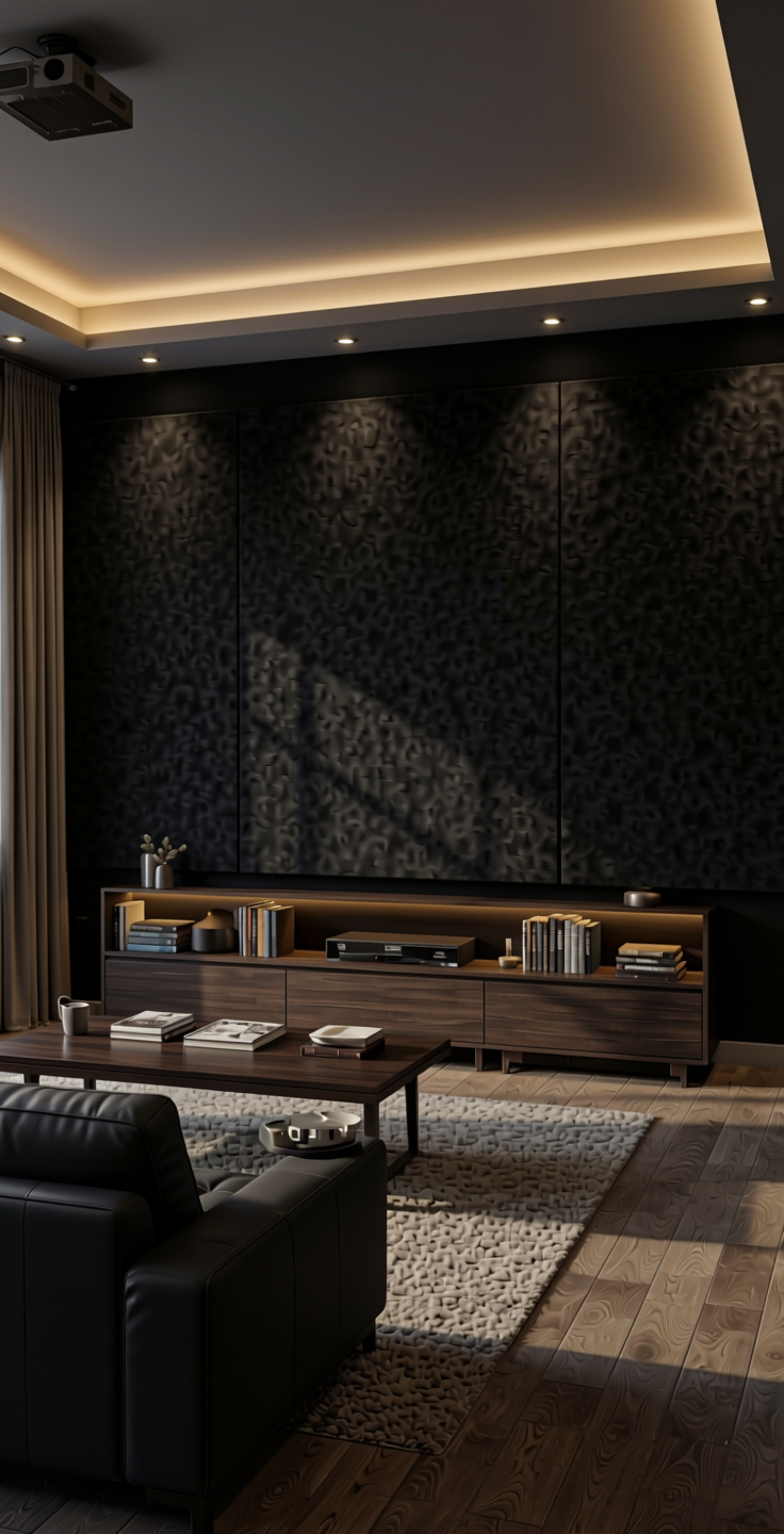 Black Plain Laminate 8x4 ft Suede 1 mm - 22109 Pearl — application view in a home theater
