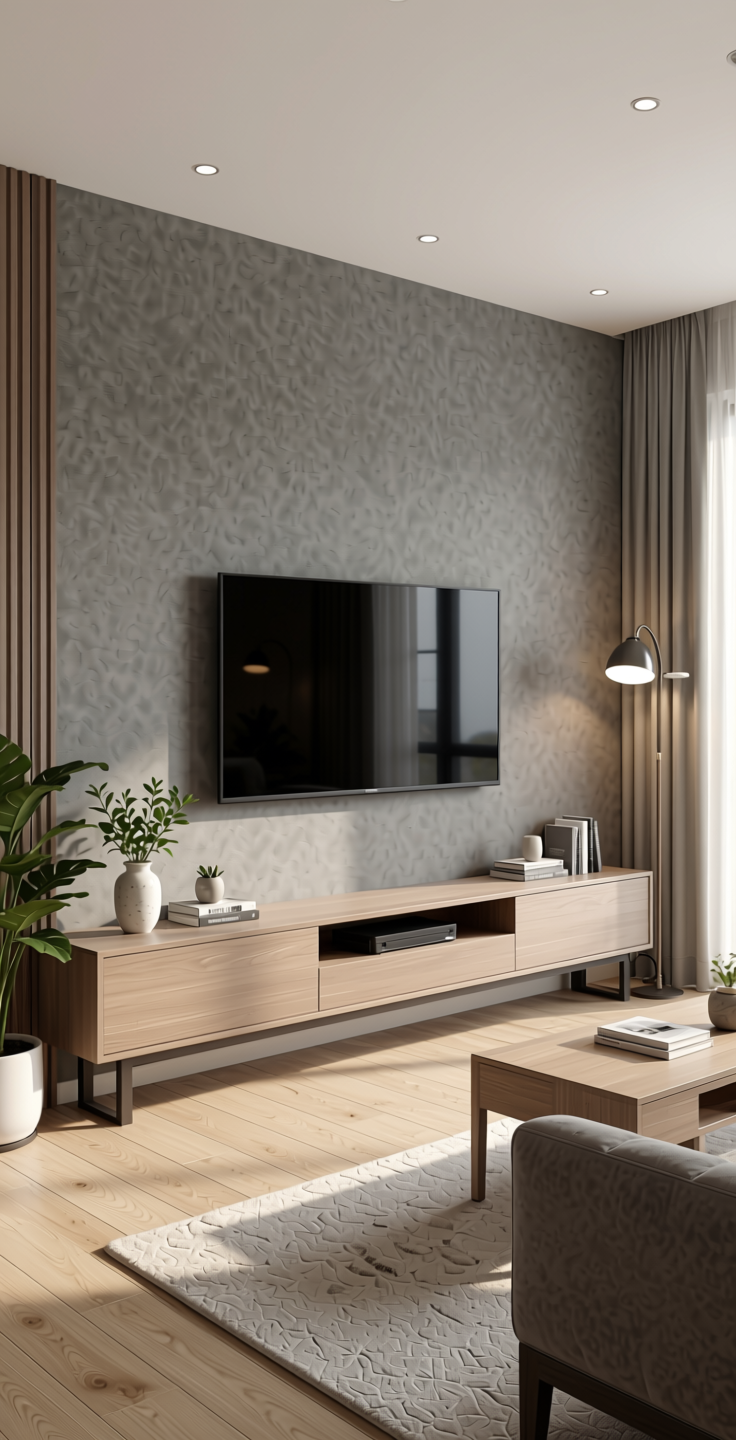 Grey Plain Laminate 8x4 ft Suede 1 mm - 21369 Pebble — application view in a modern living room