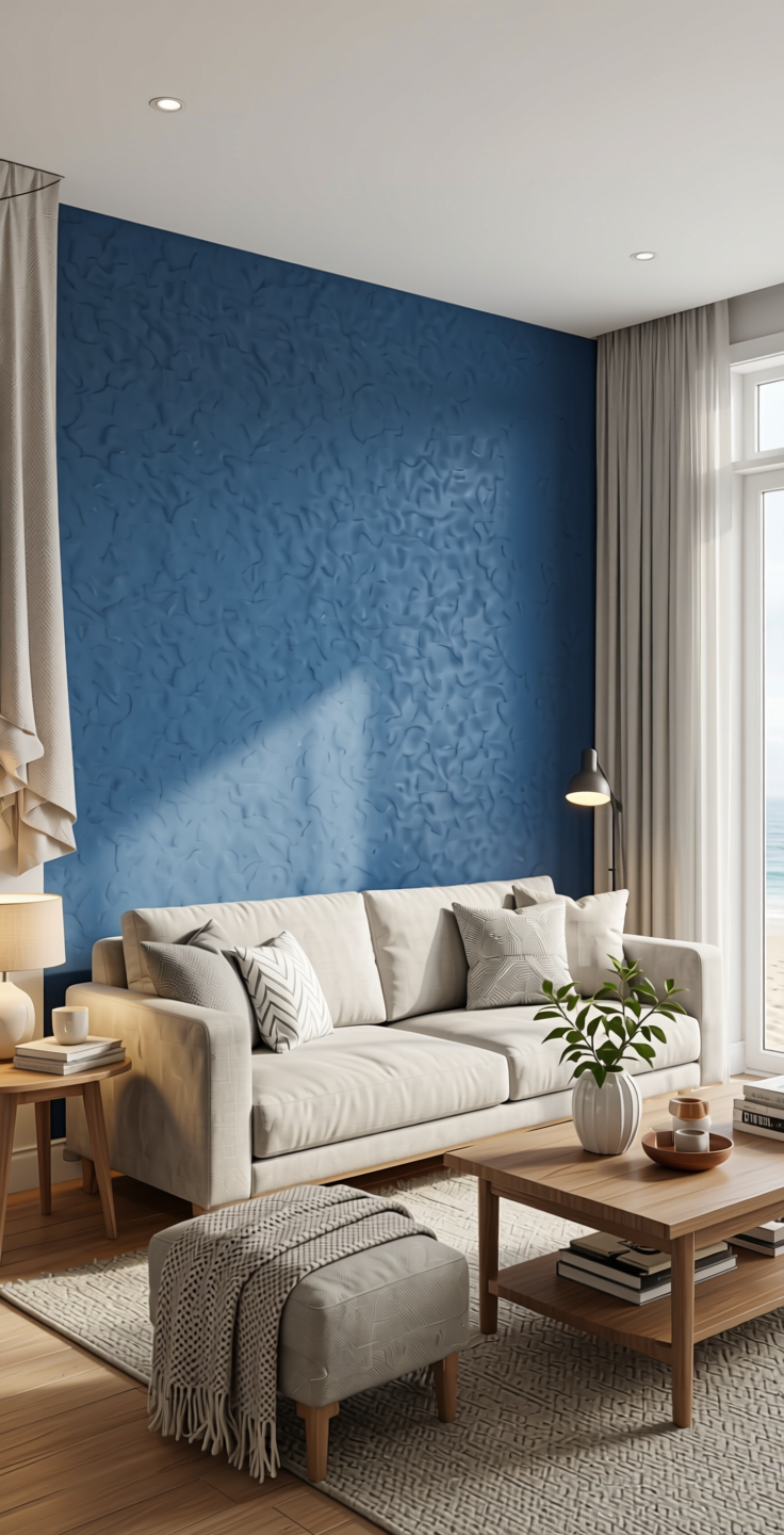 Blue Plain Laminate 8x4 ft Suede 1 mm - 21142 Polar — application view in a beach house living room