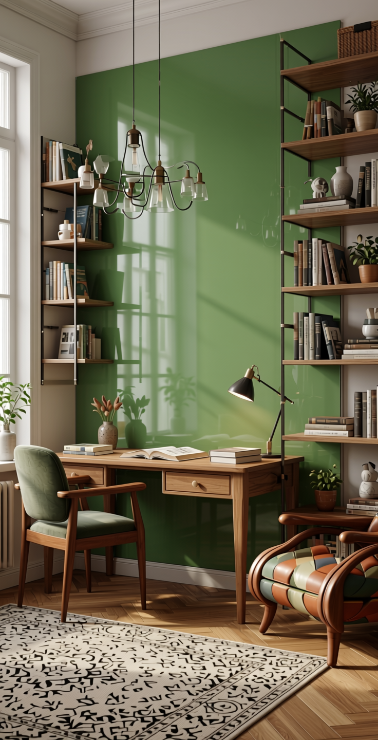 Prairie Green Plain Laminate 8x4 ft High Gloss 1 mm - 21003 HGL — application view in a eclectic study