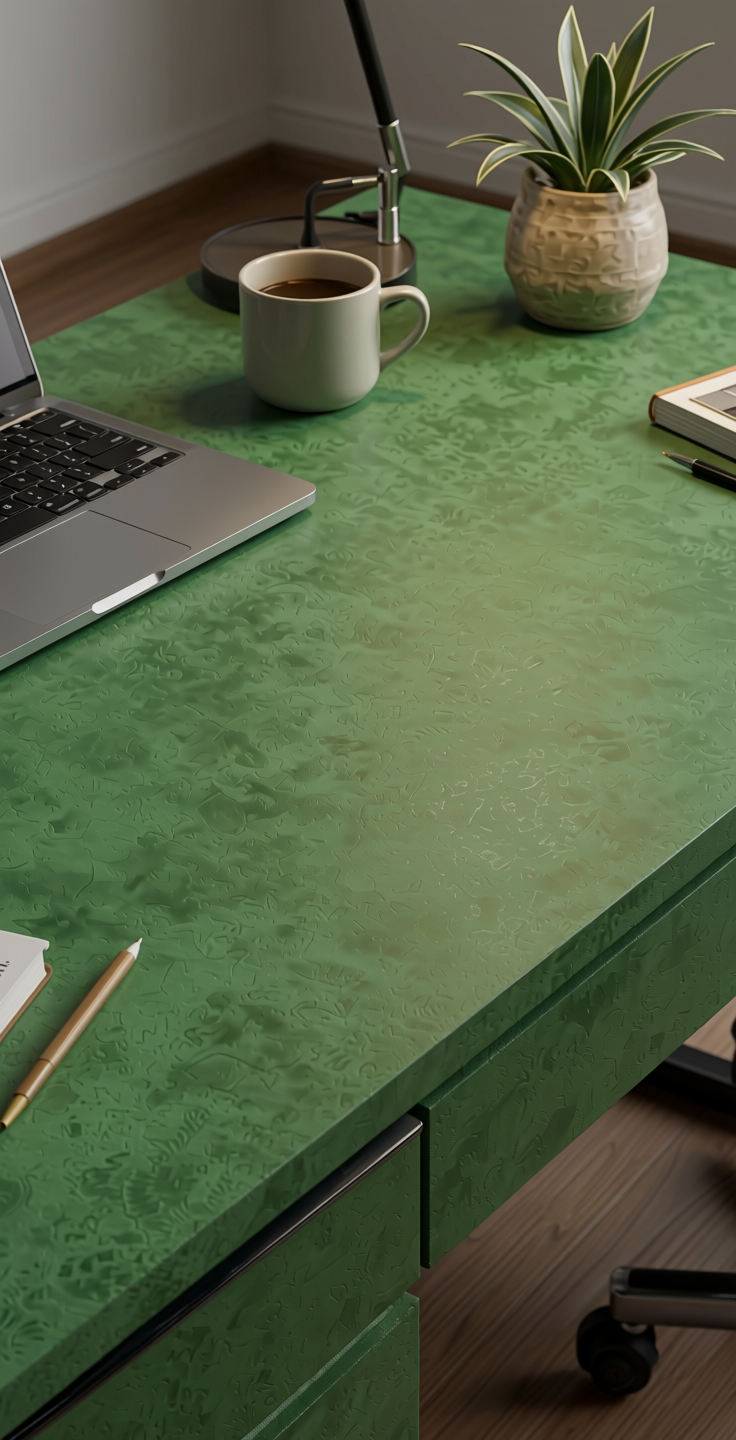 Green Plain Laminate 8x4 ft Suede 1 mm - 21003 Prairie — application view in a calm study