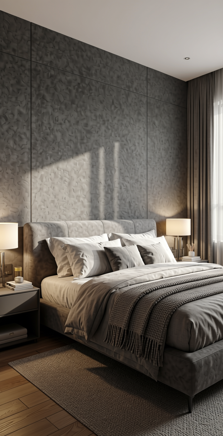 Grey Plain Laminate 8x4 ft Suede 1 mm - 21321 Pumic — application view in a sleek bedroom