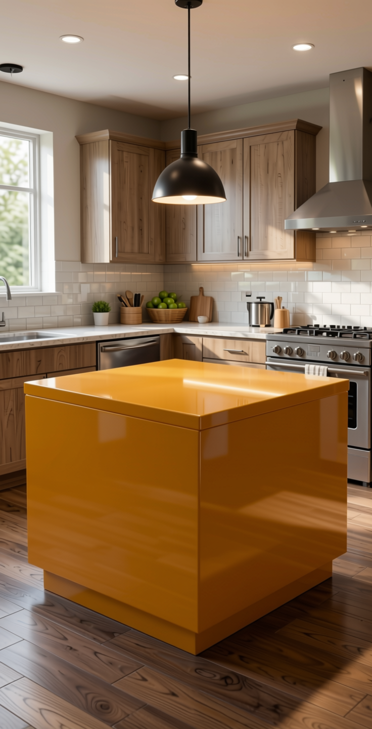 Saffron Plain Laminate 8x4 ft High Gloss 1 mm - 21024 HGL — application view in a kitchen