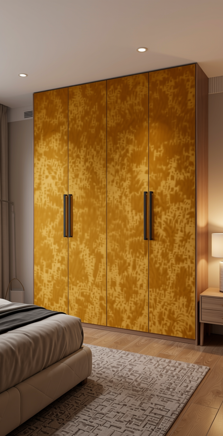 Plain Laminate 8x4 ft Suede 1 mm - 21024 Saffron — application view in a sleek bedroom