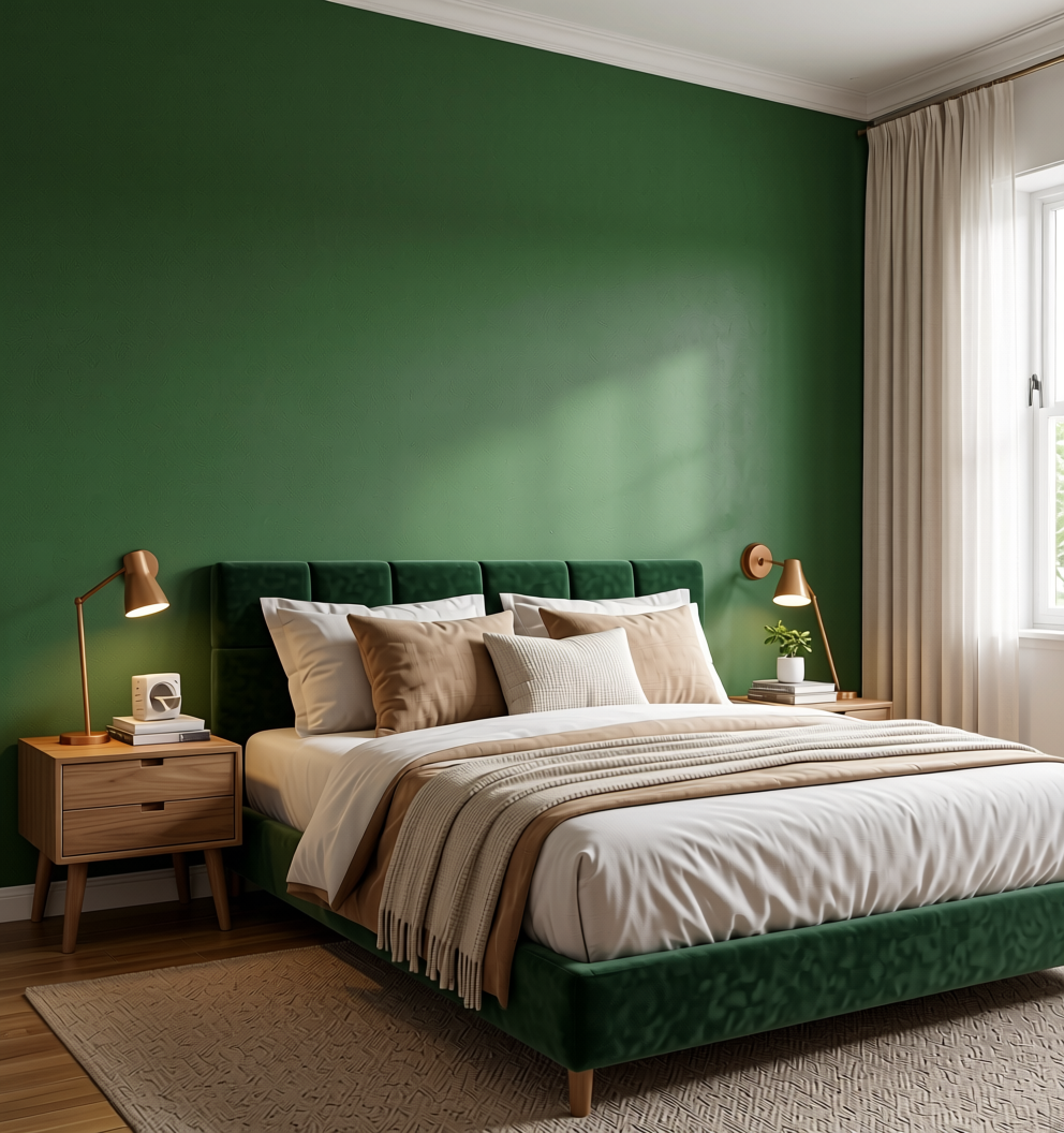 Green Plain Laminate 8x4 ft Suede 1 mm - 22153 Saga — application view in a serene bedroom