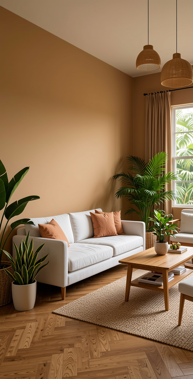 Sandal Plain Laminate 8x4 ft Texture 1 mm - 21077 NL — application view in a tropical-themed room