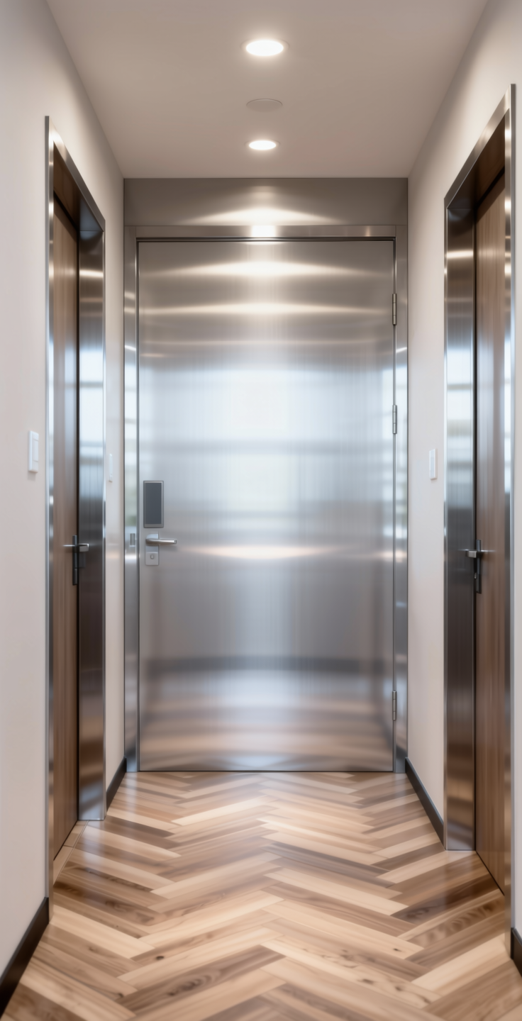 SH Steel Pearl Plain Laminate 8x4 ft Texture 1 mm - 49951 FK — application view in a modern hallway