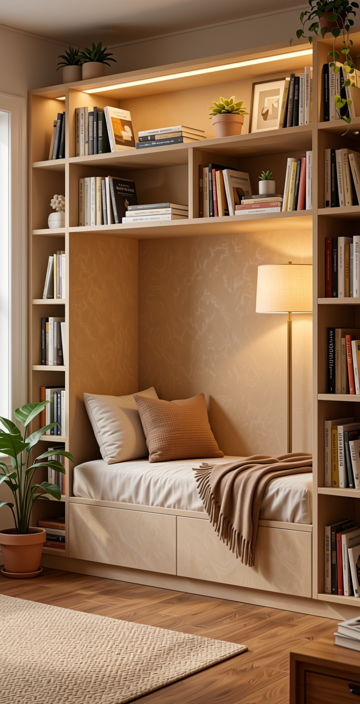 Plain Laminate 8x4 ft Suede 1 mm - 21055 Shangrila — application view in a cozy reading nook
