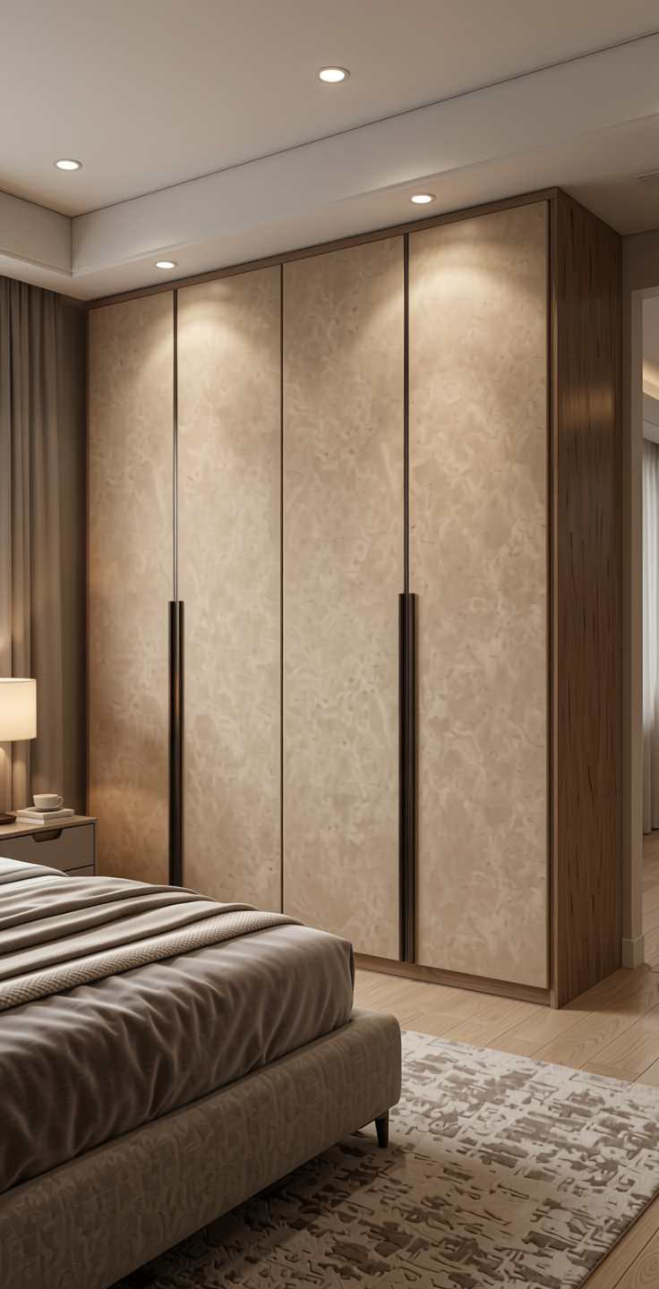 Plain Laminate 8x4 ft Suede 1 mm - 22122 Shore — application view in a sleek bedroom
