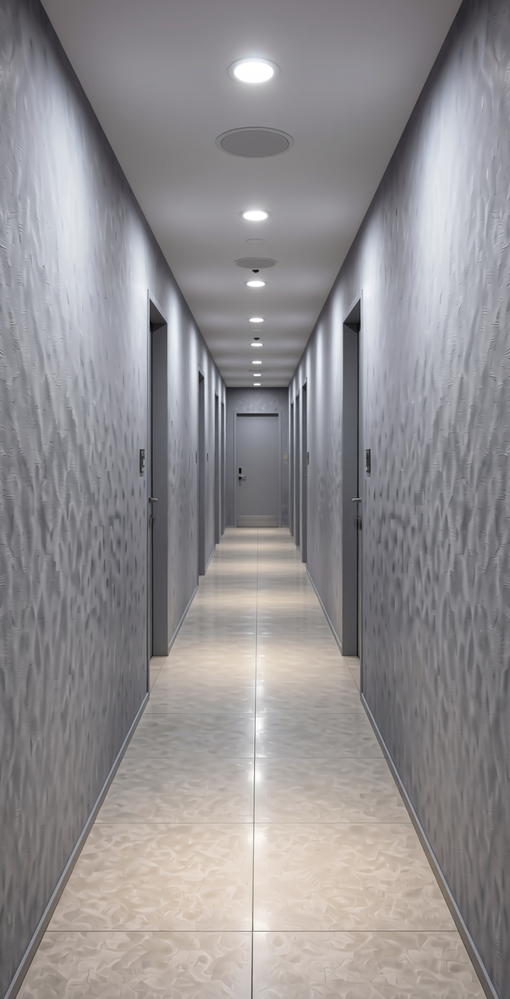 Grey Plain Laminate 8x4 ft Suede 1 mm - 21069 Silver — application view in a sleek hallway
