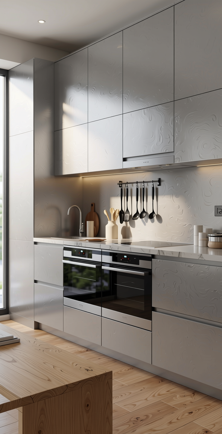 Silver Grey Plain Laminate 8x4 ft Texture 1 mm - 21069 CMT — application view in a modern kitchen