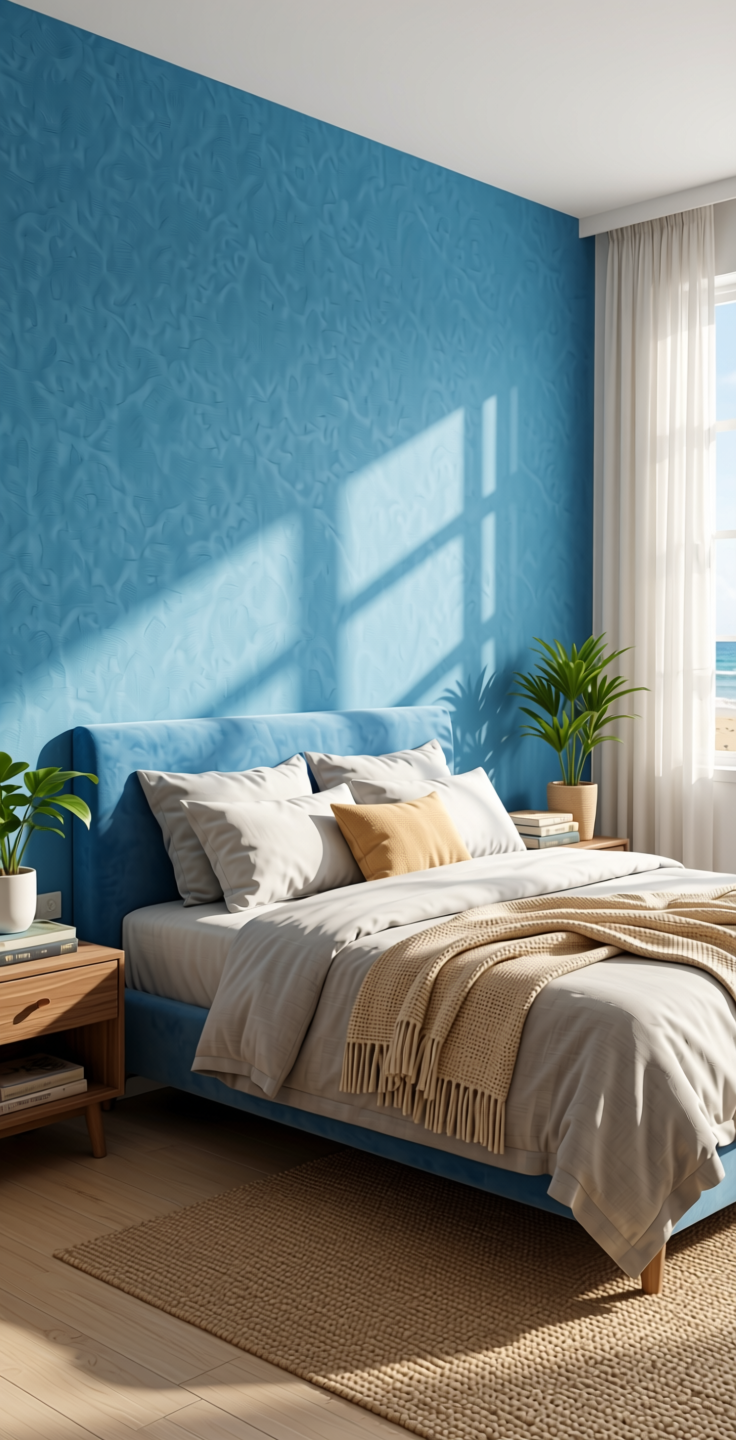 Blue Plain Laminate 8x4 ft Suede 1 mm - 21092 Sky — application view in a beach-themed bedroom