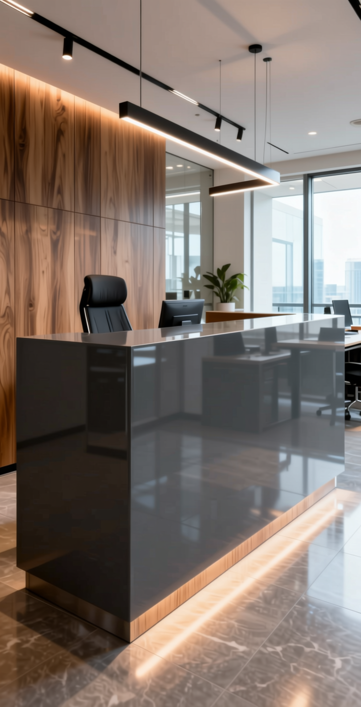 Slate Plain Laminate 8x4 ft High Gloss 1 mm - 22099 HGL — application view in a contemporary office