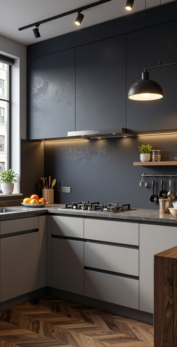 Slate Plain Laminate 8x4 ft Texture 1 mm - 22099 CMT — application view in a urban kitchen