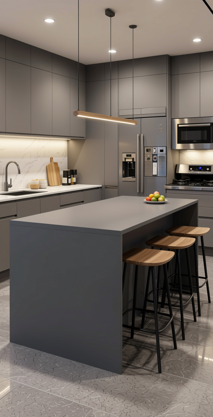 Slate Plain Laminate 8x4 ft Texture 1 mm - 22099 ML — application view in a modern kitchen