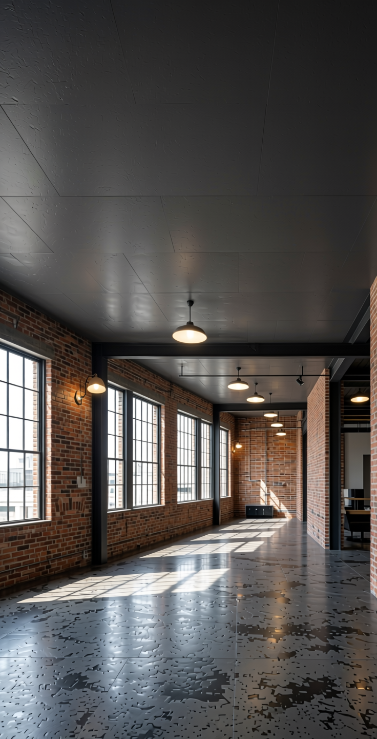 Slate Plain Laminate 8x4 ft Texture 1 mm - 22099 VL — application view in a industrial loft