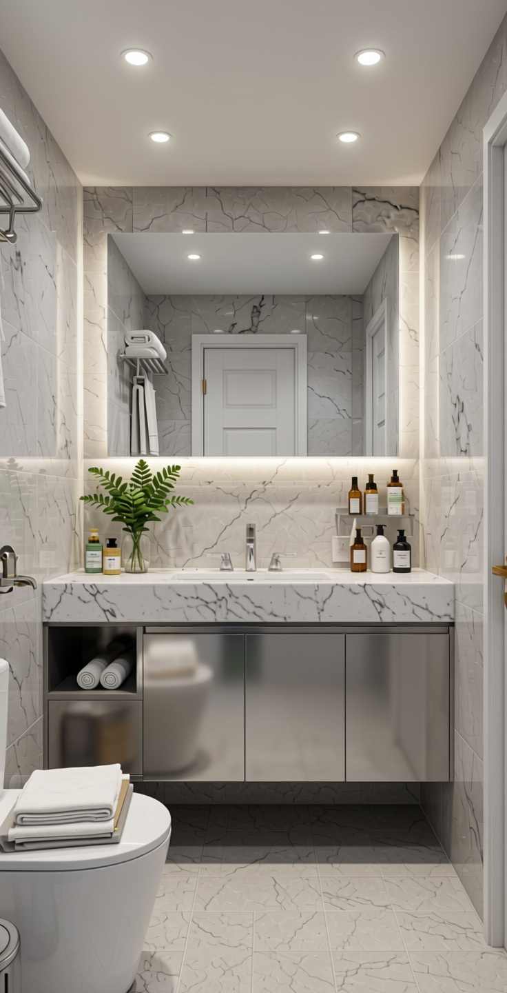 Steel Pearl Plain Laminate 8x4 ft Suede 1 mm - 49951 SH — application view in a contemporary bathroom