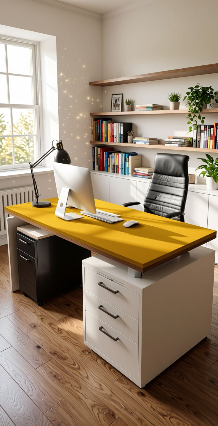 Plain Laminate 8x4 ft Suede 1 mm - 21067 Sunflower — application view in a bright home office