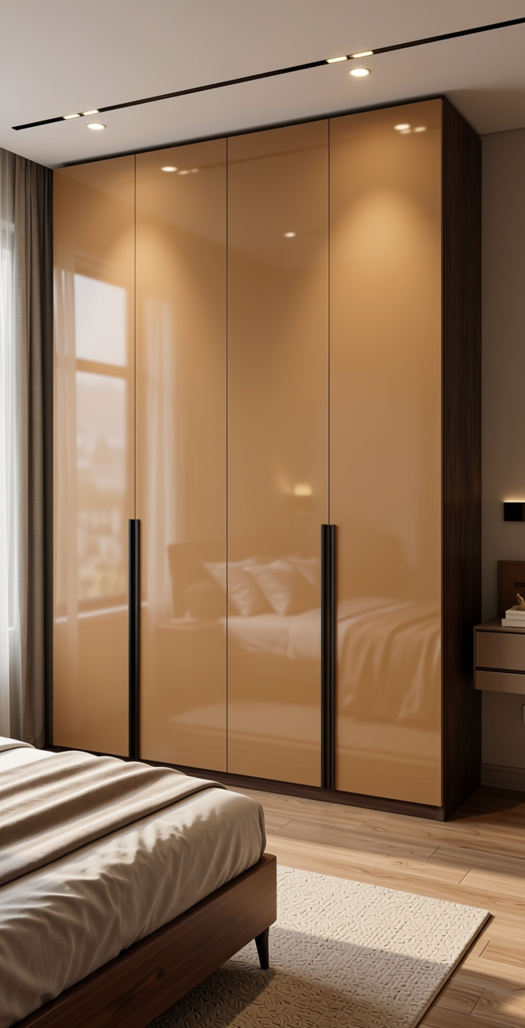 Tan Plain Laminate 8x4 ft High Gloss 1 mm - 21127 HGL — application view in a sleek bedroom