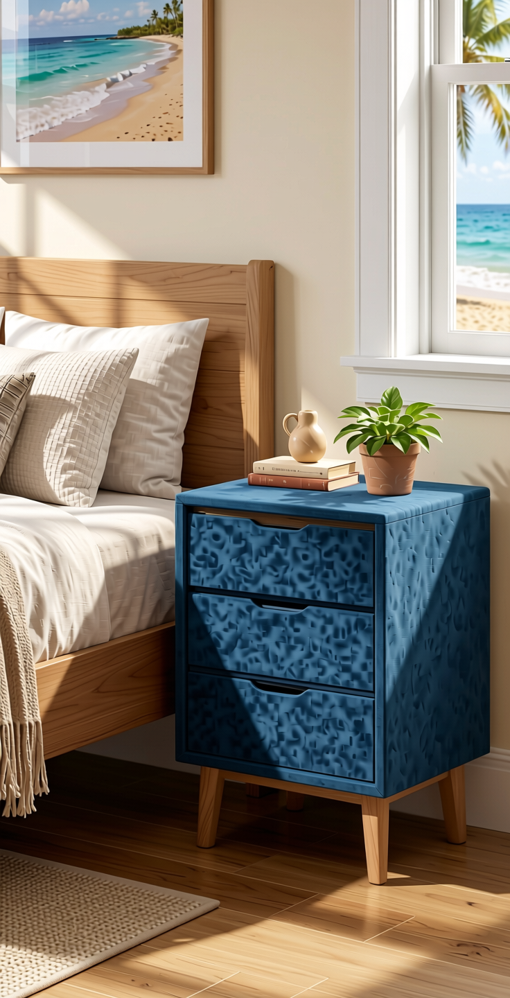 Blue Plain Laminate 8x4 ft Suede 1 mm - 22062 Tropical — application view in a beach-themed bedroom