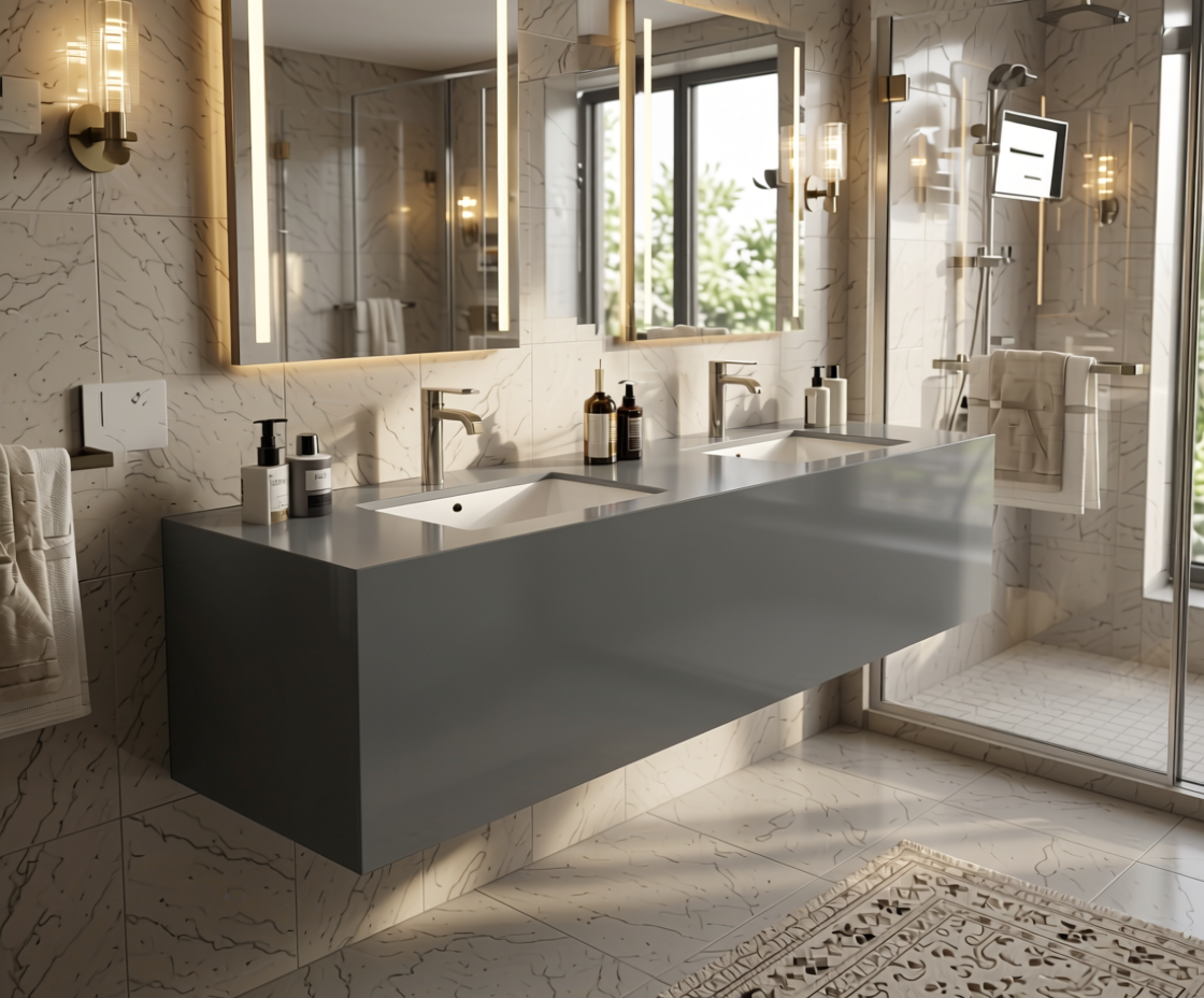 Unknown Plain Laminate 8x4 ft High Gloss 1 mm - 11040 HG — application view in a luxury bathroom