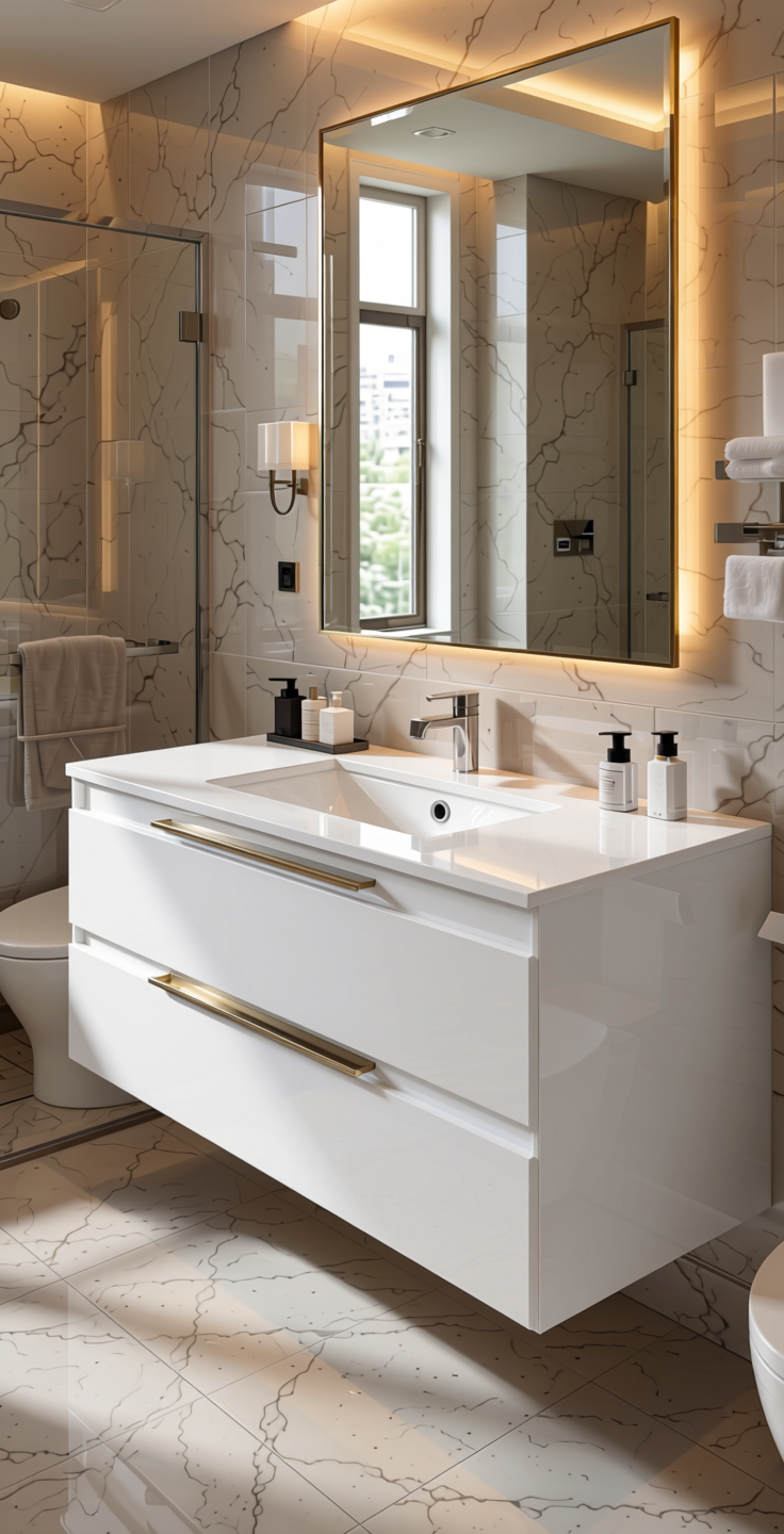 White Lily Plain Laminate 8x4 ft High Gloss 1 mm - 21081 HGL — application view in a luxury bathroom