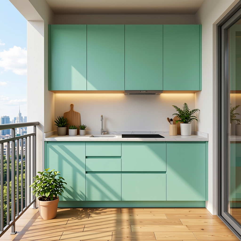 Mint Green Plain Colors Laminate 8*4 ft Suede 1.0 mm - HER-1277 — application view in a fresh balcony