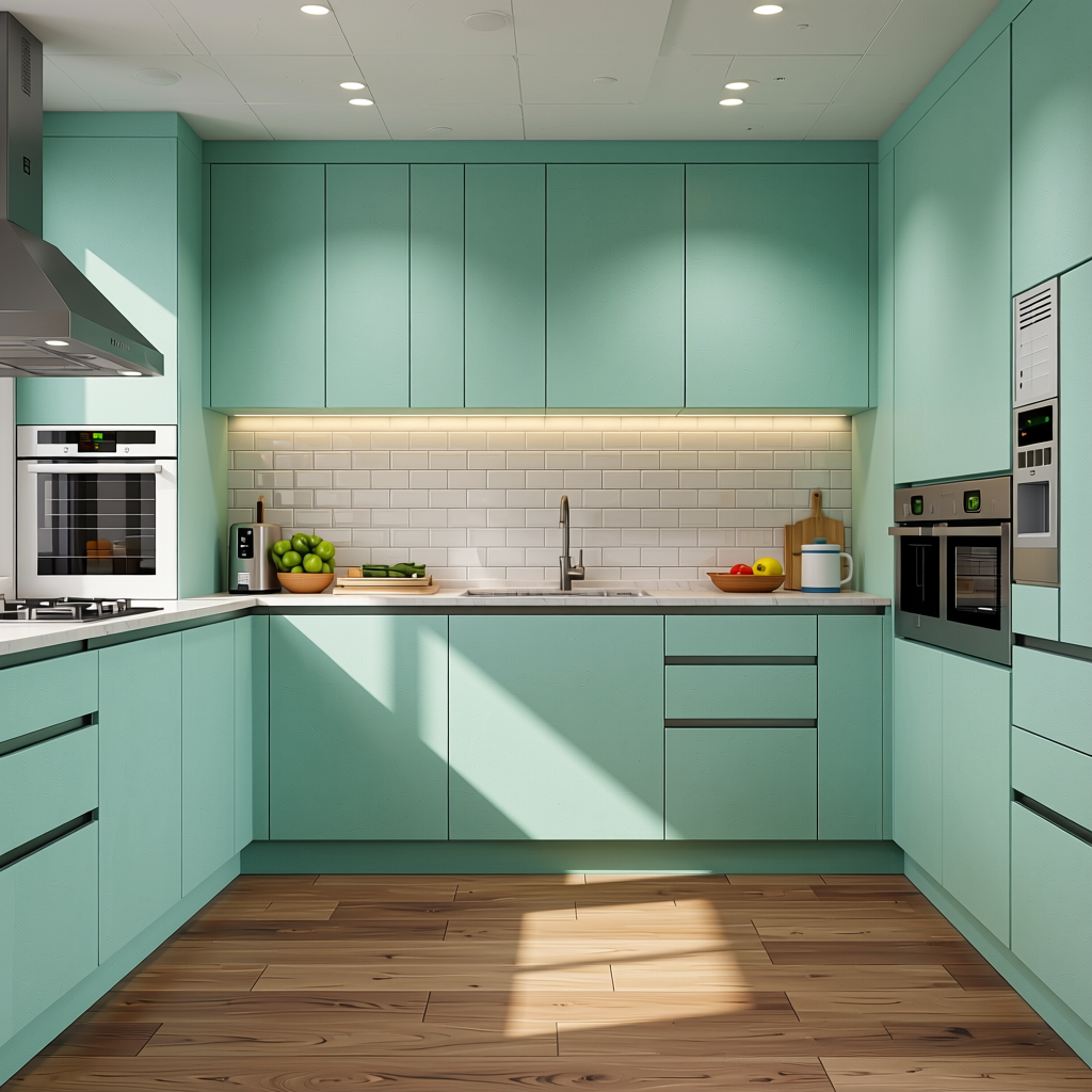 Mint Plain Colors Laminate 8*4 ft Suede 1.0 mm - HER-1190 — application view in a kitchen