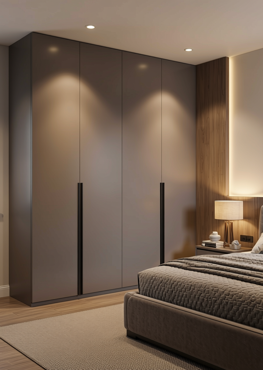 Mocha Mirage Grey Texture Laminate - STY-SOL-1720 — application view in a sleek bedroom