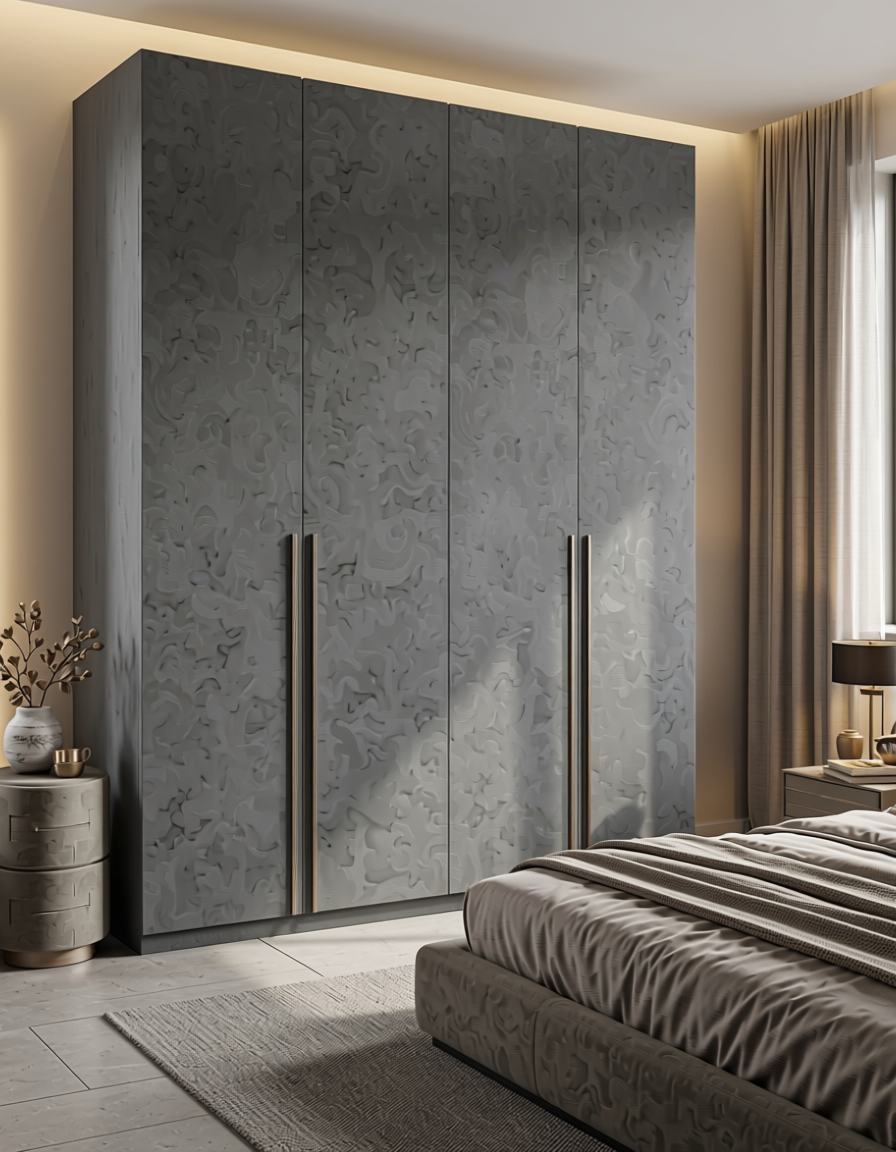 Mountain Grey Suede Laminate 8*4 ft 1 mm - 1068 SF — application view in a sleek bedroom
