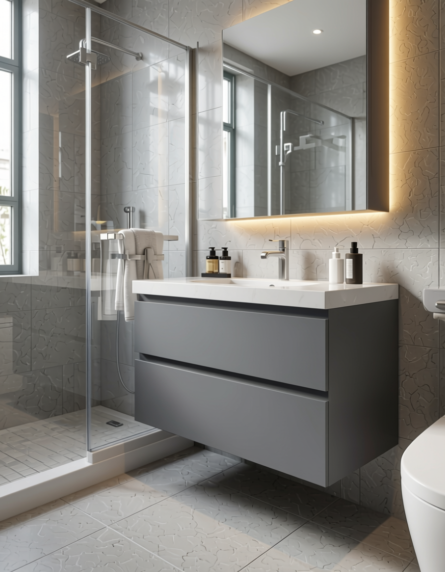 Mountain Grey Texture Laminate 8*4 ft 1 mm - 1068 SWD — application view in a modern bathroom