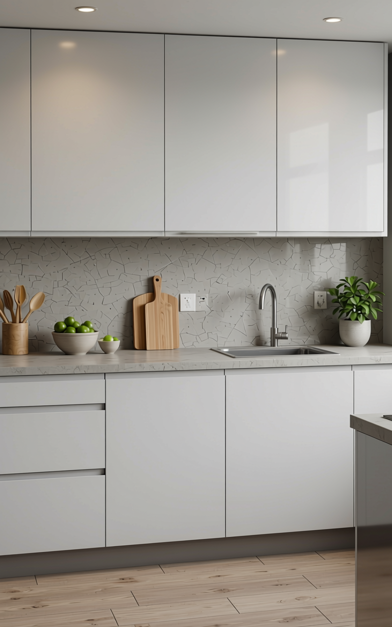 MUNSO WHITE Grey Texture Laminate 4x8 ft - STY-SOL-1084 — application view in a modern kitchen