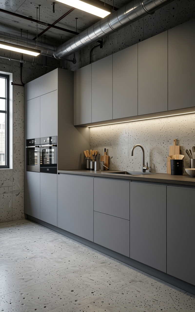 Muskeg Grey Texture Laminate 4.25x10 ft - STY-SOL-1816 — application view in a industrial kitchen