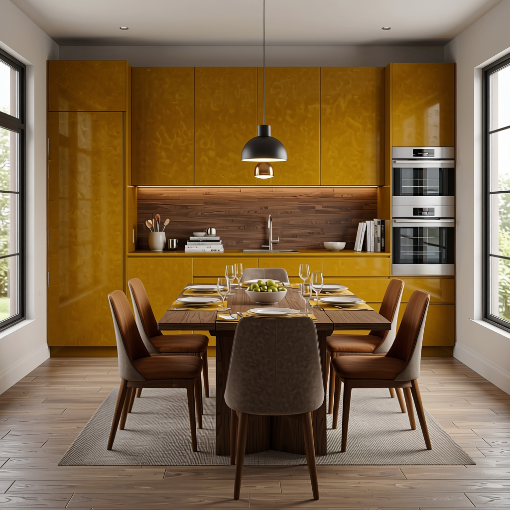 Mustard 2 Plain Colors Laminate 8*4 ft Suede 1.0 mm - HER-1442 — application view in a dining room