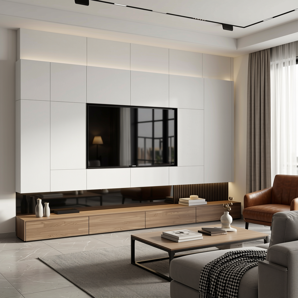 Myscore White Plain colors Laminate 8*4 ft Suede 1.0 mm - HER-1104 — application view in a modern living room