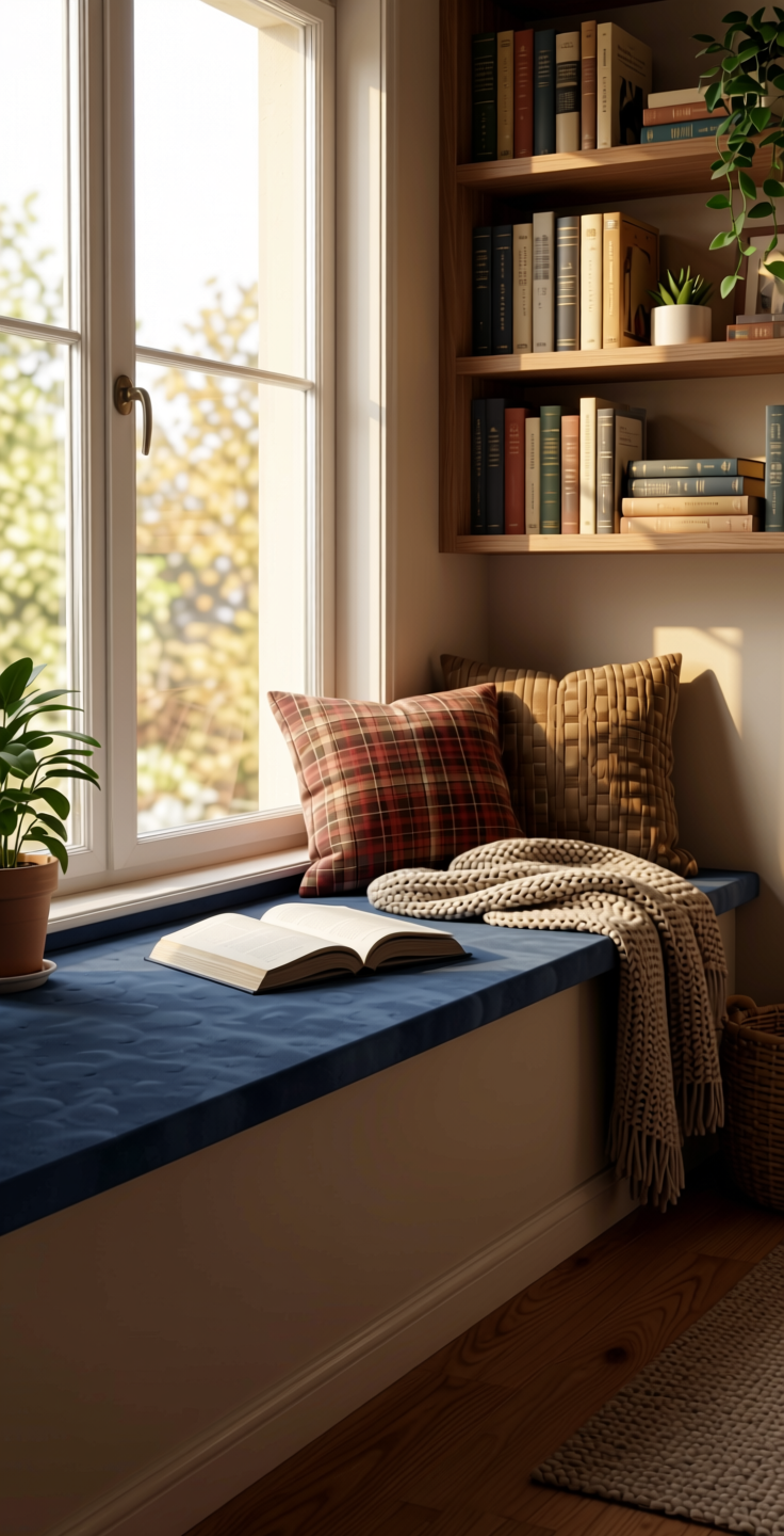 Abyss Plain Laminate 8x4 ft Suede 1 mm - 3681 SUD — application view in a cozy reading nook