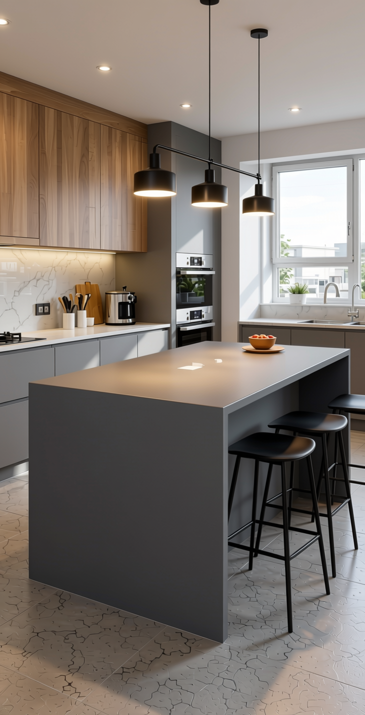 Zinc Plain Laminate 8x4 ft Suede 1 mm - 3831 SUD — application view in a contemporary kitchen